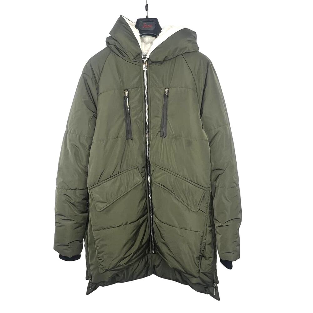 New Black Tape_ Size X Green Khaki Long Hooded Zip Up Puffer Coat